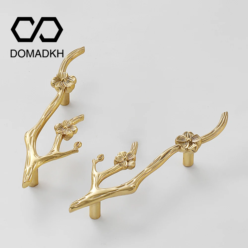 Unique Furniture Hardware Pulls - 花の枝の形をした真鍮製キャビネットドアハンドル、ナイトスタンドプル、ユニークな引き出しハンドル、ドレッサーノブ、クローゼットプル、キッチン用高級金具