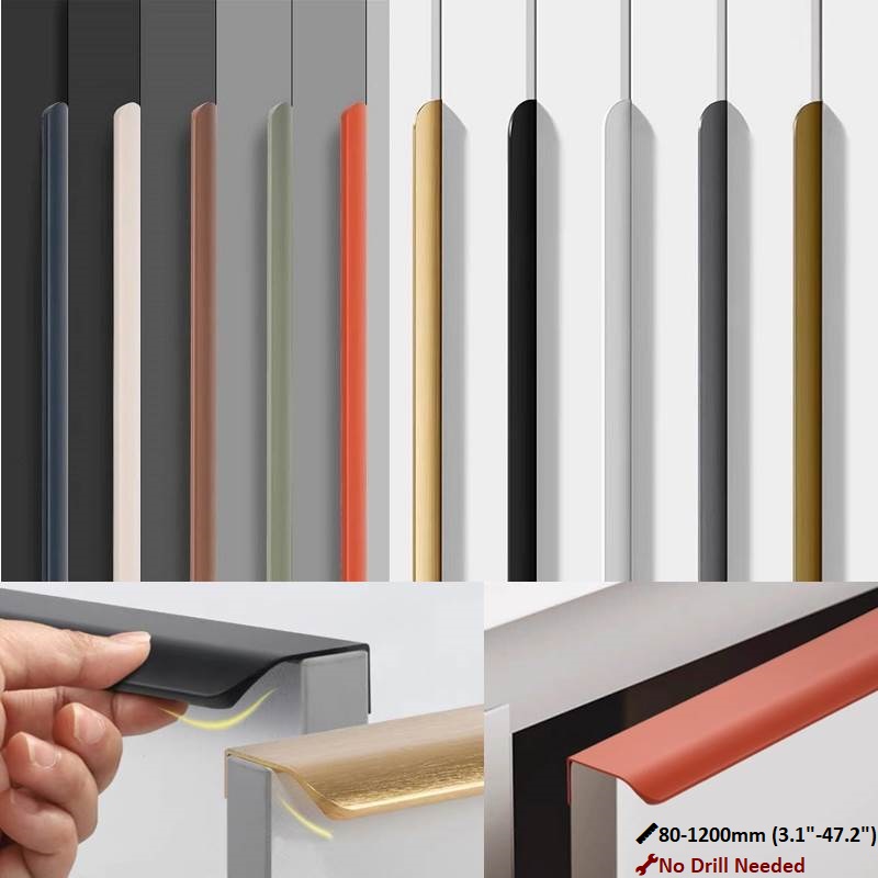 Furniture Hardware Drawer Pulls - 80mm-1200mm 目に見えないアルミニウムキャビネットハンドル | 10色の湾曲したエッジシールバーワードローブプル、引き出し/キッチン用、穴あけ不要